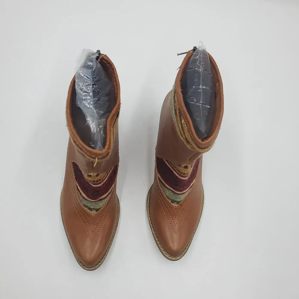 Sbicca Cognac Booties with Aztec Print Fabric Western Booties Size 6